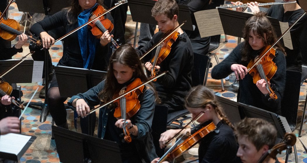 Eine Gruppe schwarz gekleideter junger Musiker spielt Geigen in einem Orchester, konzentriert auf ihre Noten und Instrumente.